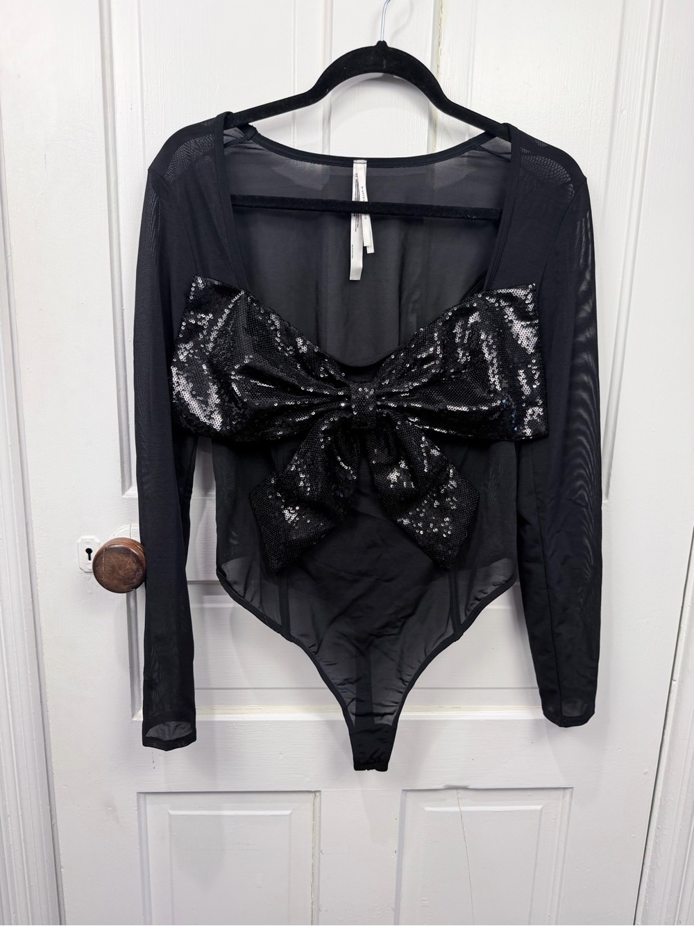 Anthropologie Black Sheer Long-Sleeve Bodysuit with Sequined Bow